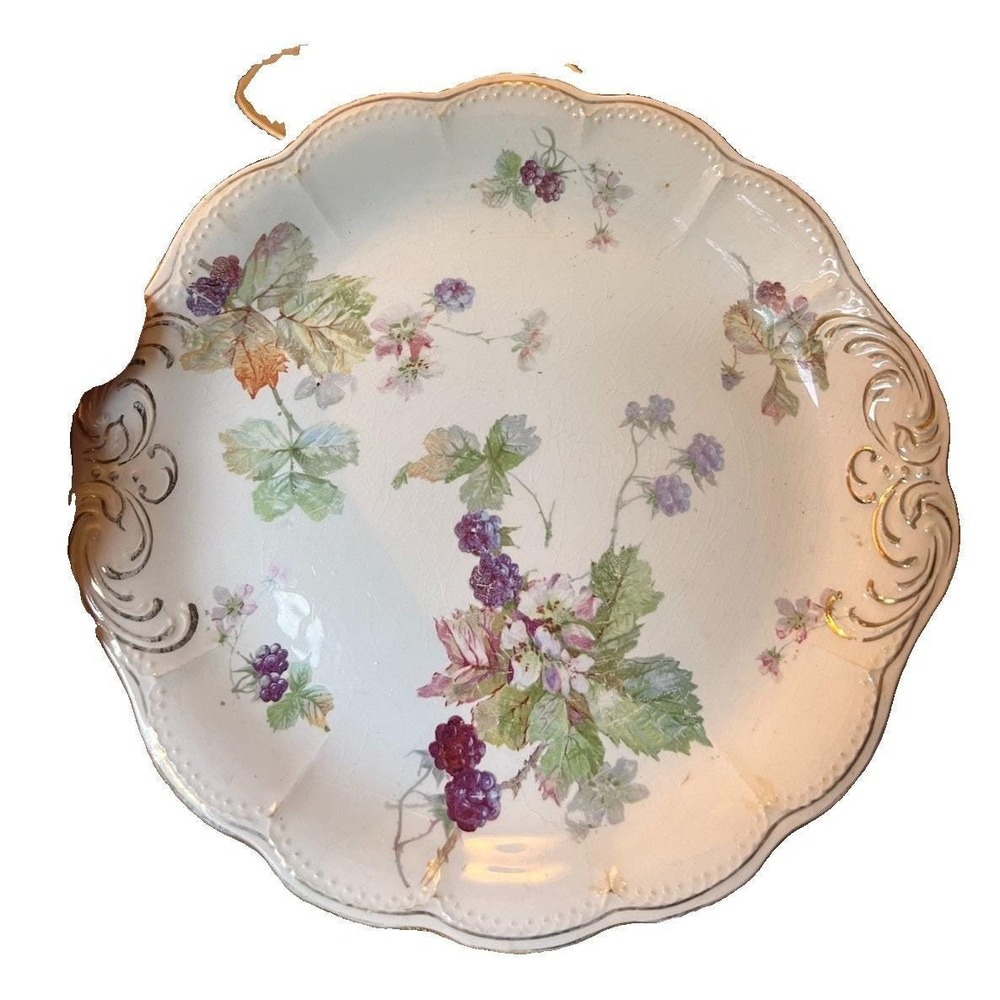 Vintage 1905 Sevres Porcelain Blackberry Plate Scalloped Silver Trim 10"